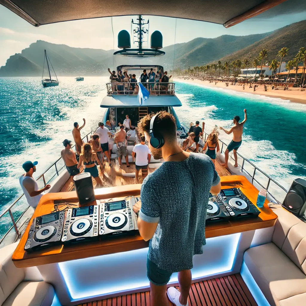 DJ animando una fiesta en catamarán en Mazatlán con el océano al fondo.