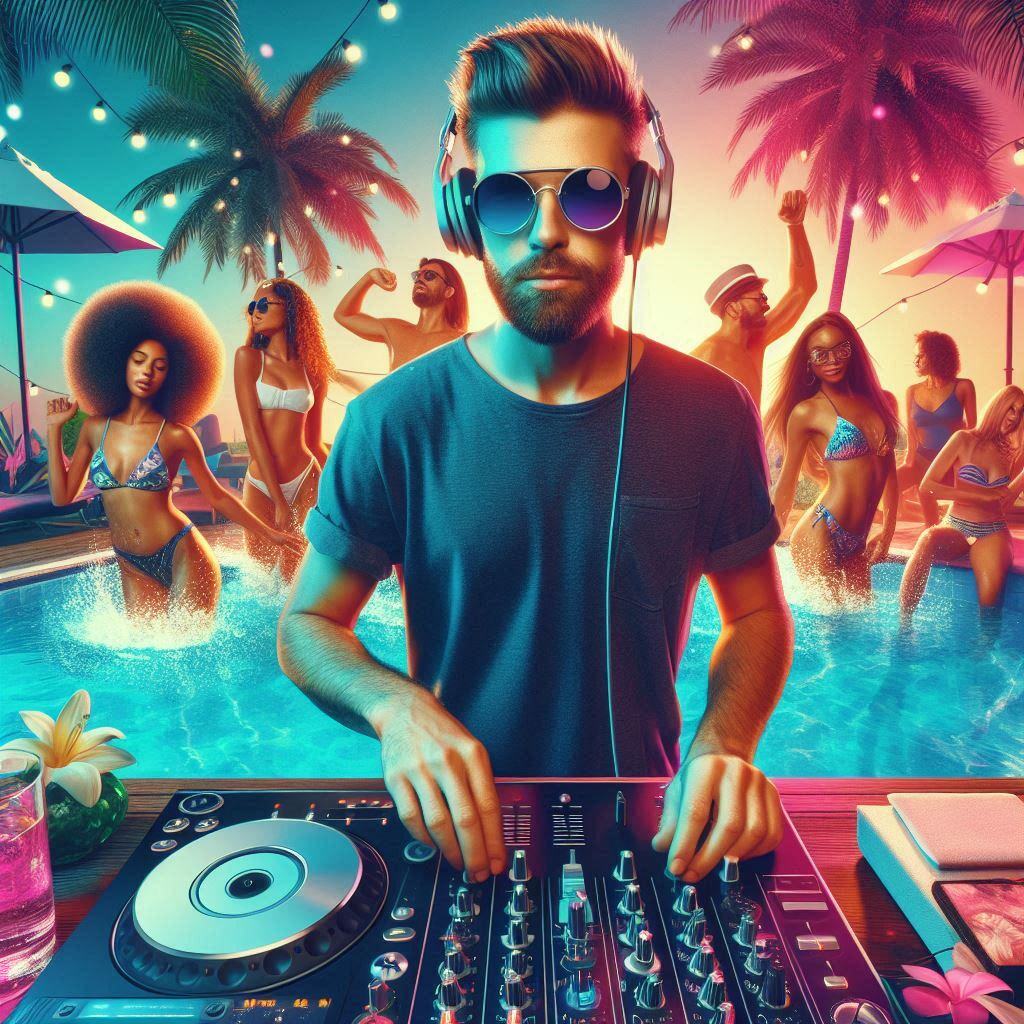 DJ tocando música en una pool party en Mazatlán con ambiente tropical