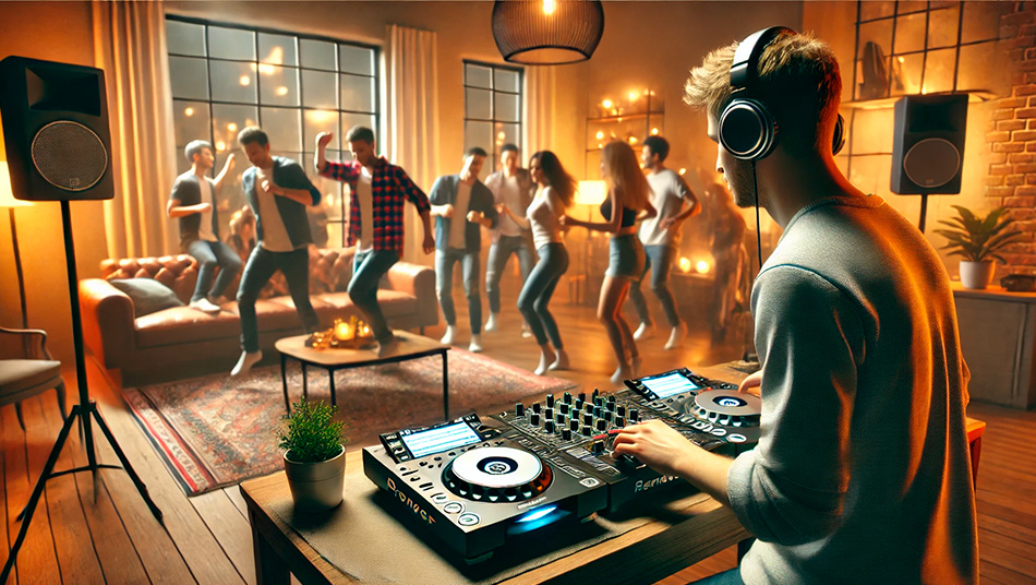 DJ para fiestas en casa animando a los invitados con música y luces.