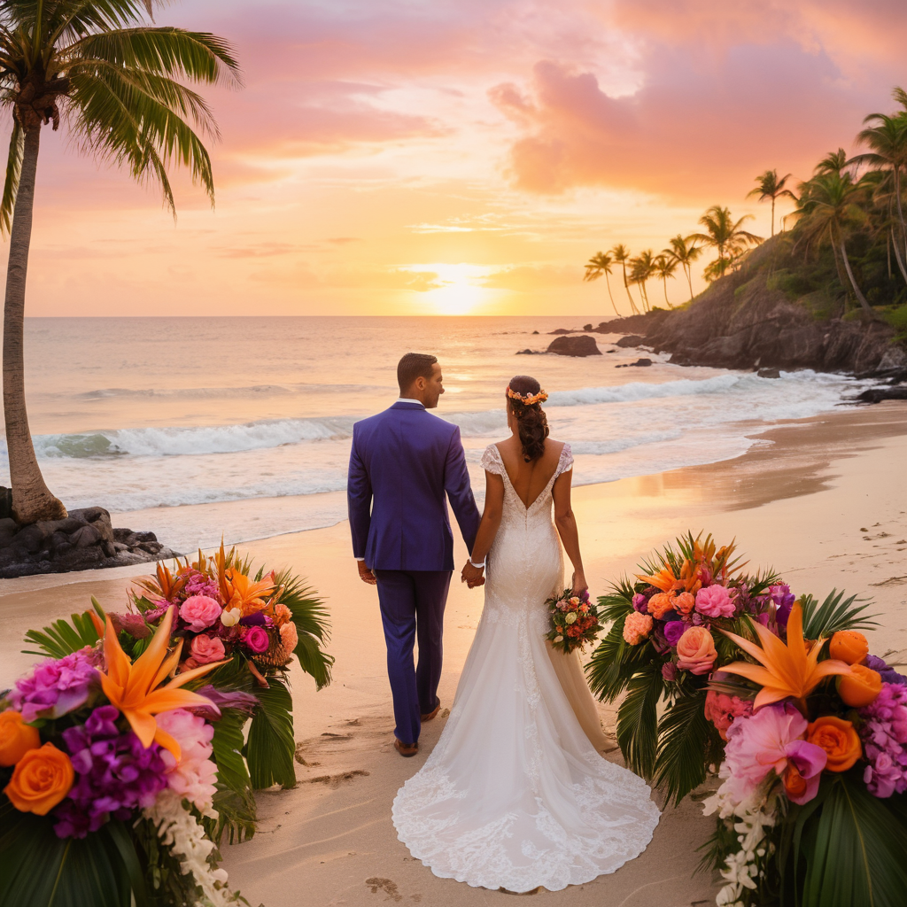 Pareja de novios disfrutando de un atardecer espectacular en la playa de Mazatlán.