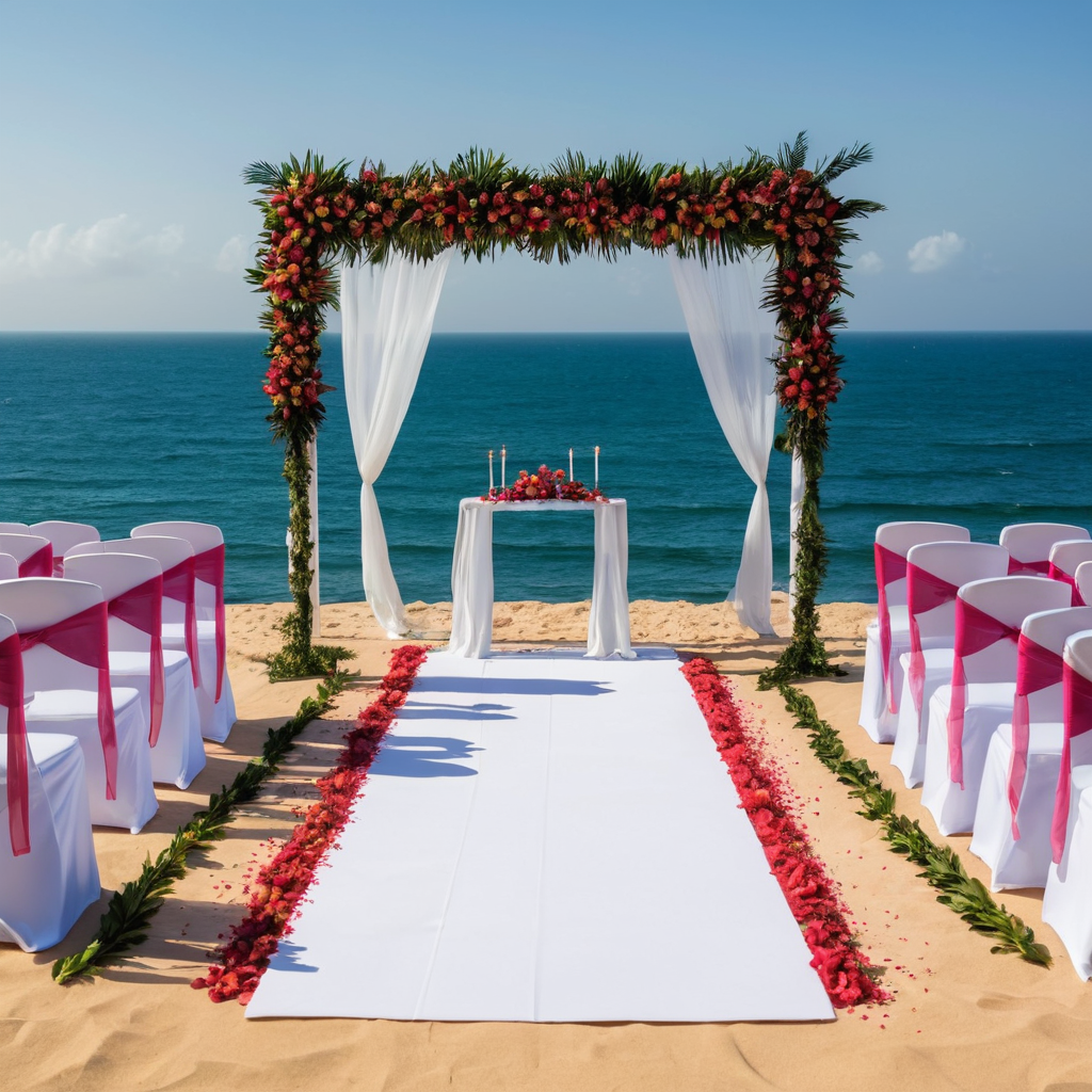  Pareja en una boda personalizada en Mazatlán, en la playa con decoraciones únicas.